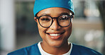 Portrait, doctor and black woman with smile for surgery, medical career or wellness in hospital. Happy, face or confident surgeon with scrubs or confidence for healthcare services, medicine or help