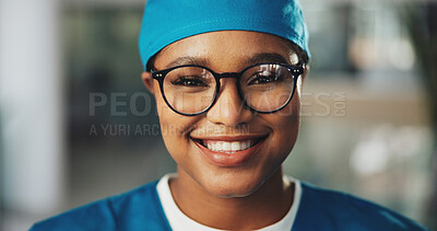 Buy stock photo Portrait, doctor or black woman with smile for surgery, medical career or wellness in hospital. Happy, face or proud female surgeon with scrubs or confidence for healthcare services, medicine or help