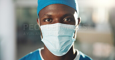 Buy stock photo Portrait, doctor and black man with mask for surgery, medical career or wellness in hospital. Clinic, face or confident surgeon with scrubs or confidence for healthcare services, medicine or help 
