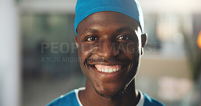 Buy stock photo Portrait, doctor and man with smile, hospital or happy for success of surgery, confident and health. Clinic, surgeon and black person with pride for healthcare, medical services and help in Kenya