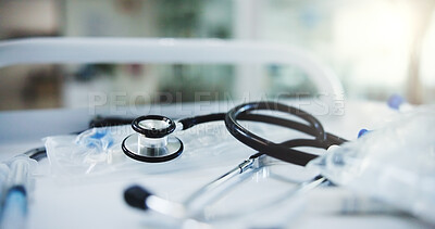 Buy stock photo Stethoscope, medical and syringe with instrument in hospital for treatment, cardiology and sterile object. Heart test, healthcare tools and emergency with closeup of equipment in clinic for wellness