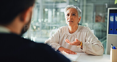 Buy stock photo Medical appointment, patient and talk with doctor, mature woman and discussion in clinic or illness. Healthcare, people and consultation with specialist for sickness, checkup and explaining symptoms