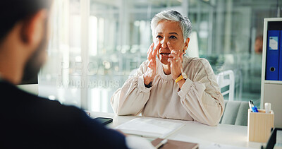 Buy stock photo Consultation, discussion and doctor with senior woman in clinic with medical history report or diagnosis. Congestion, checkup and healthcare worker with female patient for treatment plan in hospital