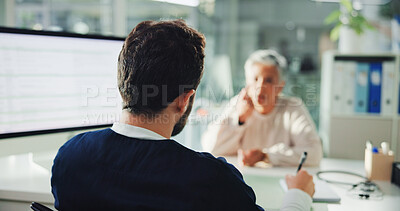 Buy stock photo Nurse, man and writing notes with patient for consultation, medical symptoms and treatment plan. Healthcare, appointment and listening in clinic for checkup, help and diagnosis on computer screen