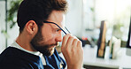 Tired, nurse and man with glasses, hospital or unhappy with pressure, administration and eye strain. Healthcare, medical assistant and person with computer vision syndrome, exhausted and burnout
