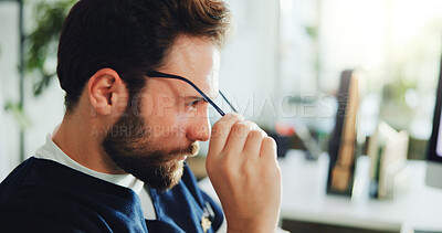 Buy stock photo Tired, nurse and man with glasses, hospital or unhappy with pressure, administration and eye strain. Healthcare, medical assistant and person with computer vision syndrome, exhausted and burnout