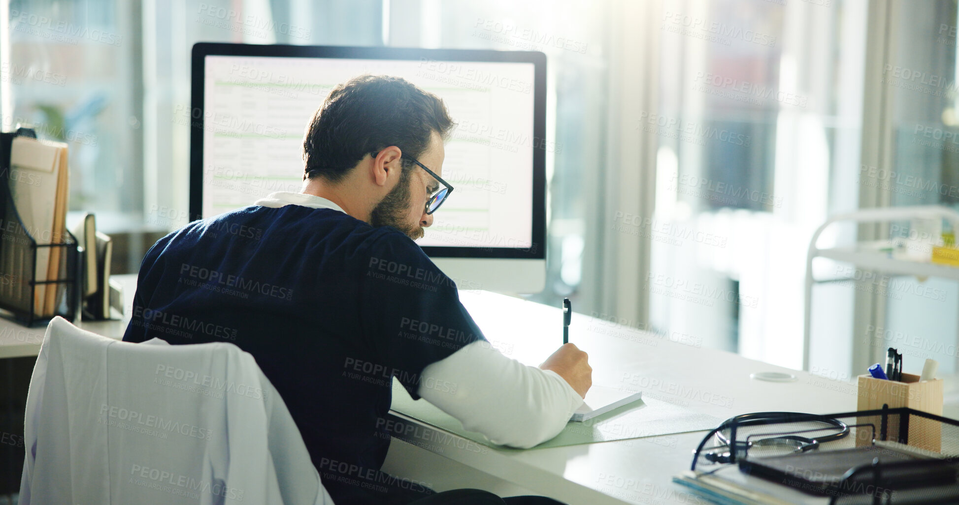 Buy stock photo Man, doctor and writing with documents at hospital for medical research or prescription at office. Male person, healthcare worker or surgeon taking notes for health results or diagnosis at clinic