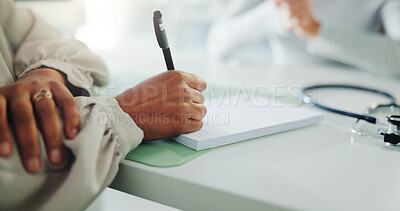 Buy stock photo Doctor, hands and writing with book for patient prescription, diagnosis or checklist at clinic. Nurse, notes and healthcare worker with pen for medical treatment or pharmaceutical script at hospital