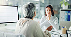 Doctor, consultation and talking with patient for health advice, diagnosis or treatment at clinic. Back view, female people or medical worker explaining healthcare solution to client at hospital