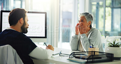 Buy stock photo Doctor, patient and consultation with sinus for medical treatment, diagnosis or symptoms at clinic. Man, woman and sick client talking with healthcare worker for blocked nose or nasal inflammation