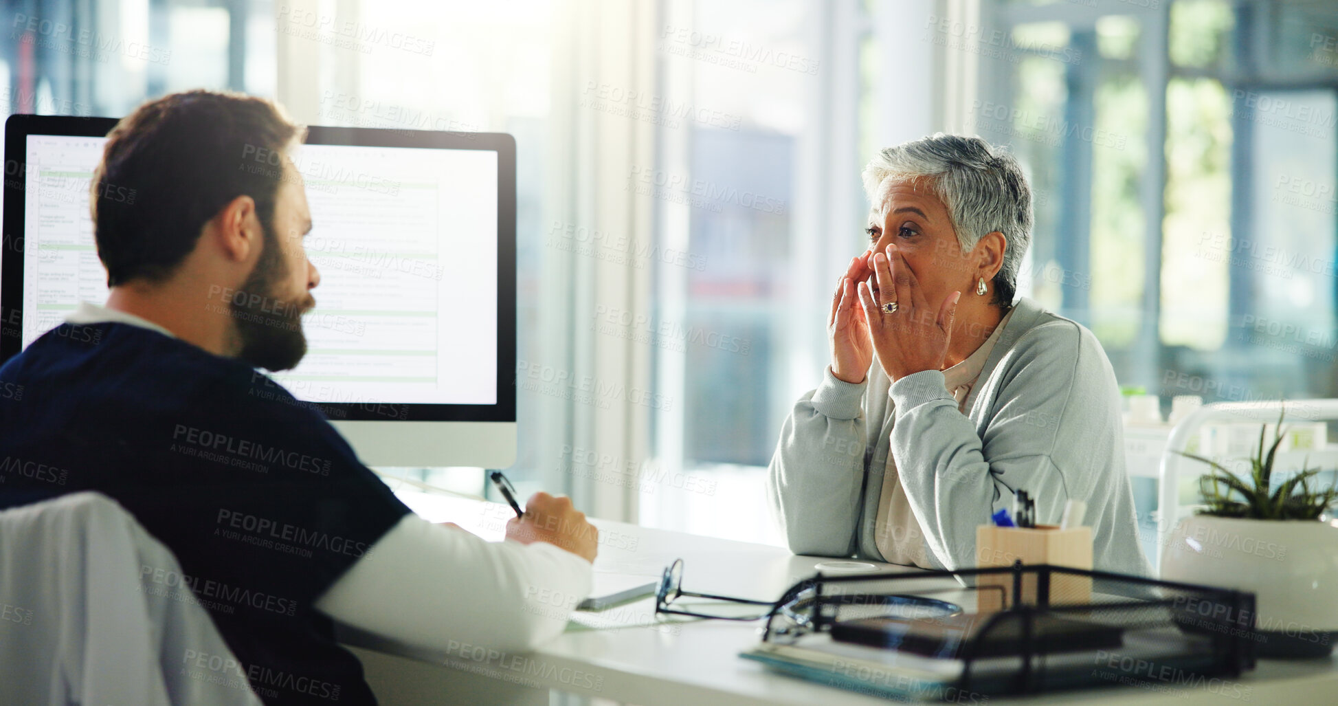 Buy stock photo Doctor, patient and consultation with sinus for medical treatment, diagnosis or symptoms at clinic. Man, woman and sick client talking with healthcare worker for blocked nose or nasal inflammation