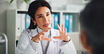 Doctor, woman and talking to patient for consultation, medical results or explain treatment. Healthcare worker, visit and speaking in hospital for checkup, help or feedback with advice for diagnosis