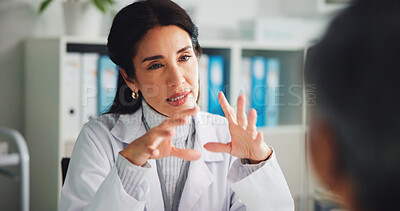 Buy stock photo Doctor, woman and talking to patient for consultation, medical results or explain treatment. Healthcare worker, visit and speaking in hospital for checkup, help or feedback with advice for diagnosis