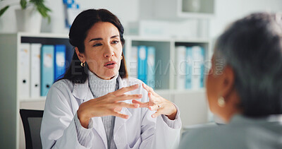 Buy stock photo Doctor, woman and talking to patient for checkup, medical results or explain treatment. Healthcare worker, visit and speaking in hospital for consultation, help or feedback with advice for diagnosis