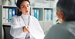 Consultation, discussion and doctor with woman in clinic with medical history report for diagnosis. Talking, checkup and healthcare worker with female patient for help on treatment plan in hospital.