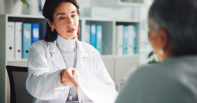 Buy stock photo Consultation, discussion and doctor with woman in clinic with medical history report for diagnosis. Talking, checkup and healthcare worker with female patient for help on treatment plan in hospital.