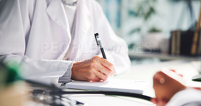 Buy stock photo Doctor, hands or writing with patient prescription for diagnosis or sick note at clinic desk. Healthcare worker, documents or book with pen for medical treatment or pharmaceutical script at hospital