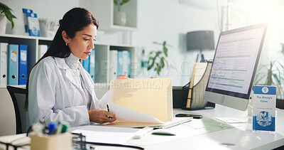 Buy stock photo Computer, woman and doctor with paperwork in clinic for research report, diagnosis or treatment. Tech, medical service and female healthcare worker with referral document for notes in hospital office