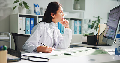 Buy stock photo Computer, woman and doctor thinking with report in clinic for research, diagnosis or treatment. Tech, medical service and female healthcare worker with document for paperwork in hospital office