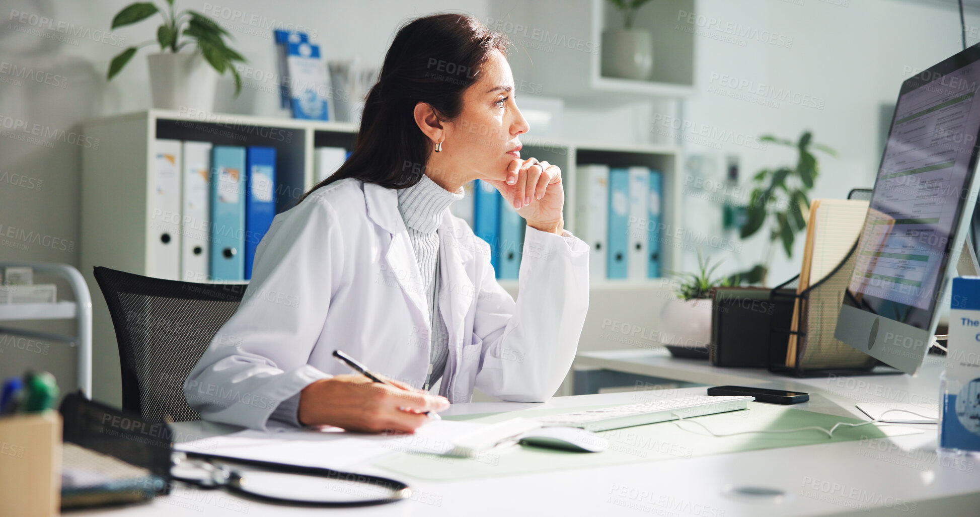 Buy stock photo Computer, woman and doctor thinking with report in clinic for research, diagnosis or treatment. Tech, medical service and female healthcare worker with document for paperwork in hospital office