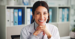 Portrait, doctor and woman with pride in office, hospital and smile for healthcare services or help. Confident, mature person and medical professional with happiness in clinic, specialist and USA