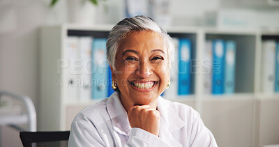 Buy stock photo Portrait, doctor and woman with smile in office, hospital and pride for healthcare services or help. Confident, mature person and medical professional with happiness in clinic, specialist and USA