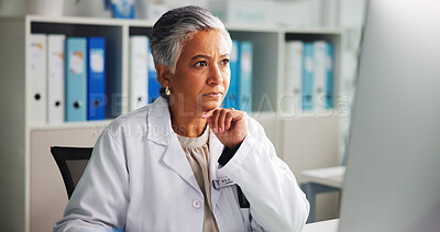 Buy stock photo Computer, woman and doctor thinking with research in clinic for online report, diagnosis or treatment. Tech, medical service and female healthcare worker with internet for prescription in office