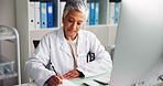 Computer, woman and doctor writing notes with research in clinic for online report, diagnosis or treatment. Tech, medical service and healthcare worker with paperwork for prescription in office