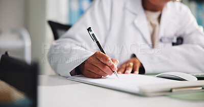 Buy stock photo Doctor, hands or writing with letter for prescription, diagnosis or sick note at clinic desk. Nurse, healthcare worker or pen with book for medical treatment or pharmaceutical script at hospital