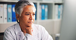 Doctor, woman and project in office, thinking or research for medical diagnosis, science or serious. Healthcare, specialist and mature person with info for treatment plan, reflection and hospital