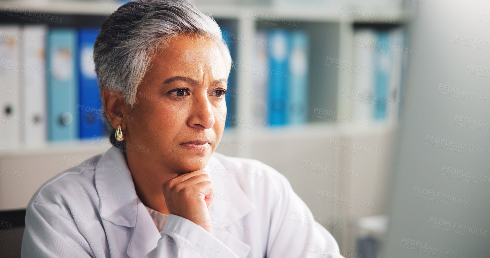 Buy stock photo Doctor, woman and project in office, thinking or research for medical diagnosis, science or serious. Healthcare, specialist and mature person with info for treatment plan, reflection and hospital