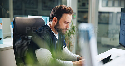 Buy stock photo Healthcare, man and doctor in hospital with research for diagnosis, treatment or surgery planning. Thinking, professional and male surgeon with medical information for problem solving in clinic.