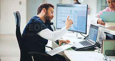 Buy stock photo Phone call, receptionist and telehealth or man in hospital for doctor appointment, contact and schedule. Healthcare administration, medical consultant and communication with person for insurance