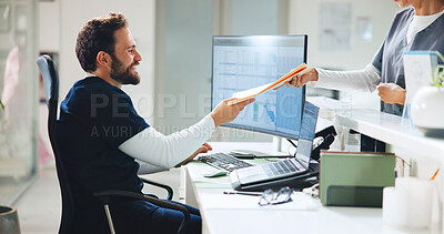Buy stock photo Nurse, admin and conversation with documents at reception for medical report, schedule or records. Folder, healthcare team or paper in clinic with happy people for positive results, insurance or info