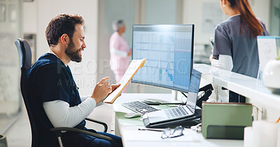 Buy stock photo Documents, receptionist and nurse or man in hospital for doctor appointment, reading and schedule. Healthcare administration, medical consultant and paperwork with person in clinic for insurance