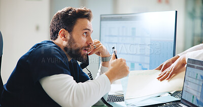 Buy stock photo Phone call, receptionist and documents with man in hospital for doctor appointment, multitask and schedule. Healthcare administration, medical consultant and communication with person for insurance