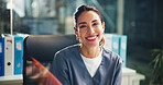 Happy, woman and portrait of doctor in hospital with confidence for healthcare career in office. Smile, pride and female surgeon from London with medical support for job opportunity in clinic.