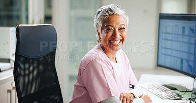 Buy stock photo Smile, woman and portrait of doctor in hospital with confidence for healthcare career in office. Happy, pride and mature female surgeon from Mexico with medical support for job opportunity in clinic.