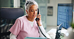 Woman, nurse and phone call in hospital with folder, medical information and update appointment. Healthcare, mature clinical assistant and talk at tech for oncology schedule, cancer referral and help