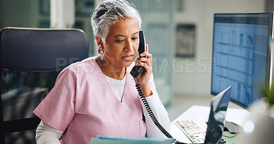 Buy stock photo Woman, nurse and phone call in hospital with folder, medical information and update appointment. Healthcare, mature clinical assistant and talk at tech for oncology schedule, cancer referral and help