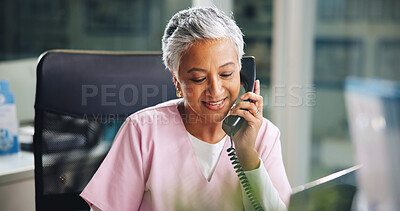 Buy stock photo Phone call, receptionist and nurse or woman in hospital for doctor appointment, contact and schedule. Healthcare administration, medical consultant and communication with mature person for insurance