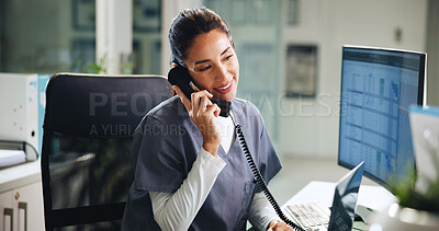 Buy stock photo Woman, doctor or phone call in hospital with smile, medical consultation or update patient appointment. Healthcare, surgeon or talk at tech for schedule, referral confirmation or help at front desk