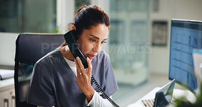 Buy stock photo Woman, serious or doctor in hospital for phone call, medical discussion or update patient condition. Healthcare, surgeon or talk at tech for planning surgery, insurance request or contact next of kin