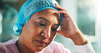 Thinking, doctor and sad woman in hospital with worry for surgery mistake, operation and medical crisis. Healthcare, mature surgeon and person with guilt, stress and upset for patient loss in clinic