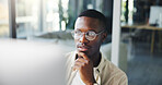 Thinking, reading and business man on computer for decision, insight or journalist planning. African worker, idea and creative brainstorming, problem solving or inspiration for news story in office