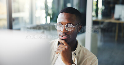 Buy stock photo Thinking, reading and business man on computer for decision, insight or journalist planning. African worker, idea and creative brainstorming, problem solving or inspiration for news story in office