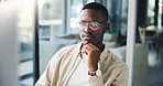 Thinking, reading and black man on computer for business decision, insight or journalist planning. Worker, idea and creative brainstorming, problem solving or inspiration for news story in office