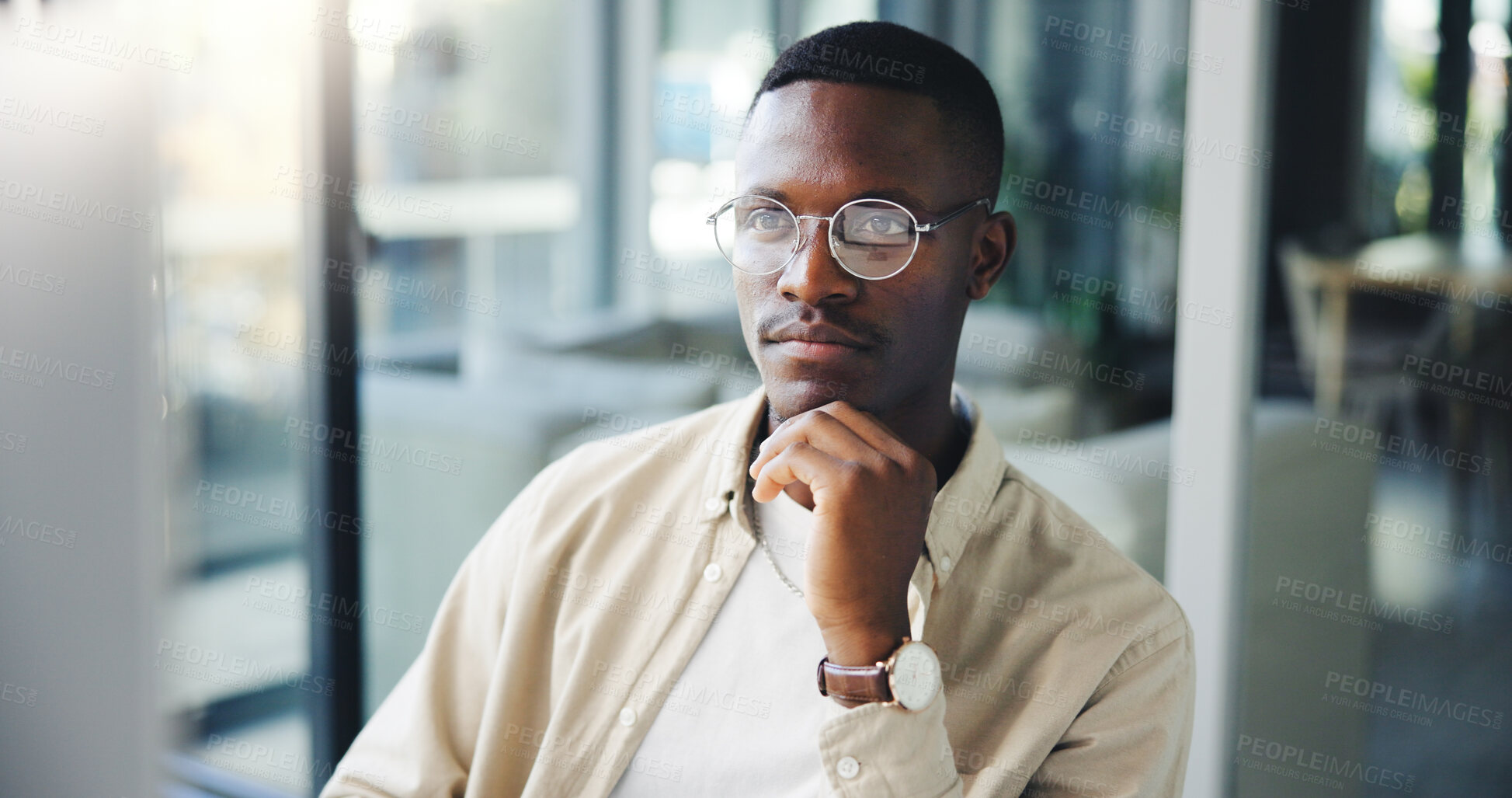 Buy stock photo Thinking, reading and black man on computer for business decision, insight or journalist planning. Worker, idea and creative brainstorming, problem solving or inspiration for news story in office