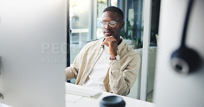 Buy stock photo Thinking, computer and black man in office with ideas, research or brainstorming for creative project. Planning, technology and African male editor working on article for publishing at agency.