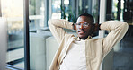 Stretching, glasses and computer with business black man in office for email, reading and online update. Satisfaction, relax and calm with person for startup agency, website design and technology